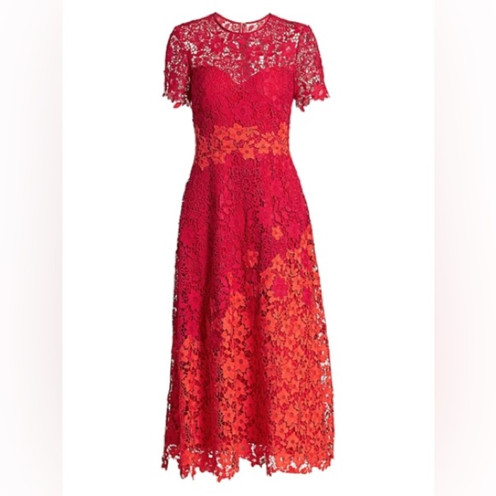 theia womens red short sleeve guipure lace midi dress